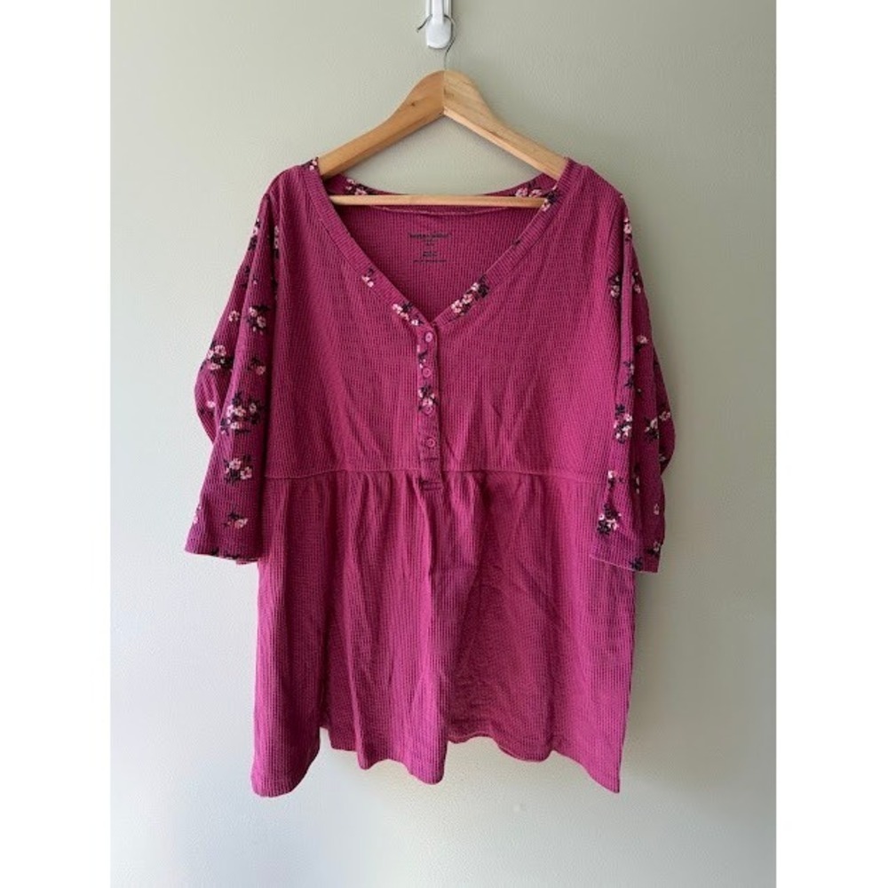 Boho Cottagecore Woman Within Henley Top 18/20 Pink Floral Waffle Knit Babydoll